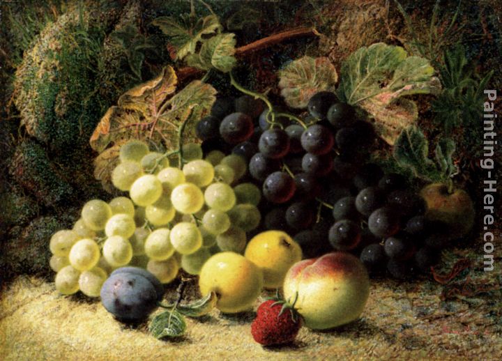 Grapes, Apples, A Plum, A Peach And A Strawberry, On A Mossy Bank painting - Oliver Clare Grapes, Apples, A Plum, A Peach And A Strawberry, On A Mossy Bank art painting